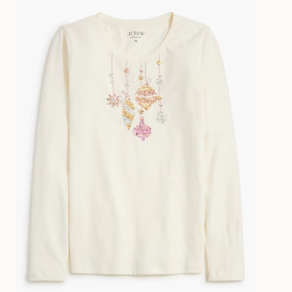 J. Crew Collector Tee Cream Long Sleeve Top w Sequin Ornaments Size 2XL Xmas
